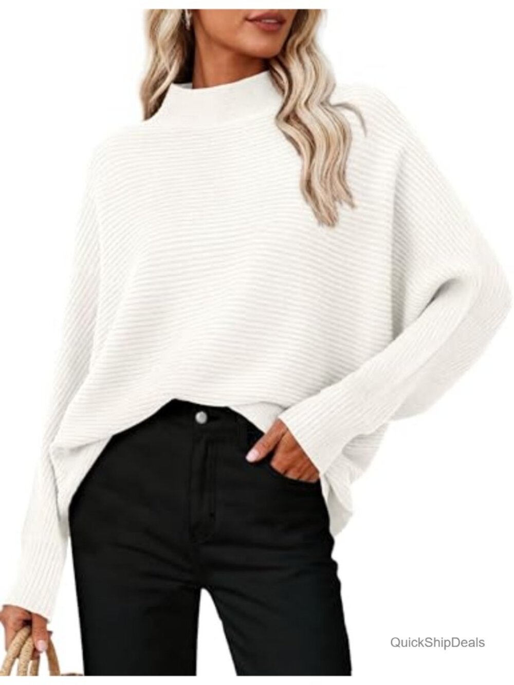 Women's Batwing Long Sleeve Mock Neck Ribbed Knit Pullover Sweater Cozy